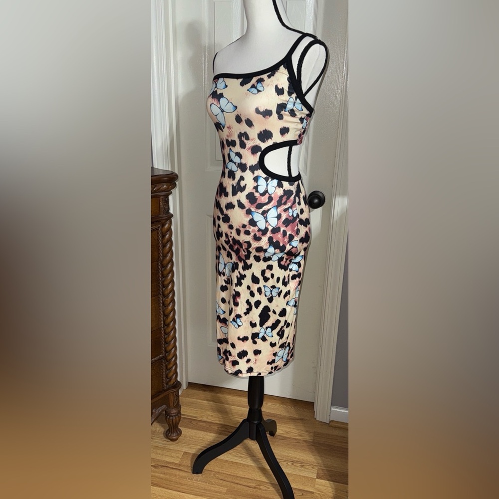 Leopard Print Midi Dress with Blue Butterfly Accents one shoulder strap S